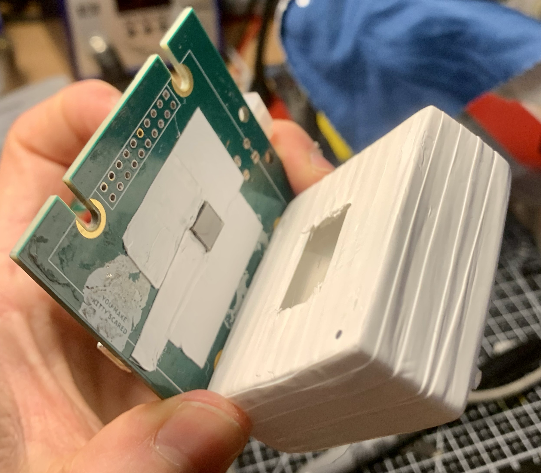 Mu detector PCB aligned with its 3D-printed enclosure